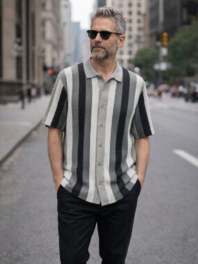 Textured Knit Polo Shirt Vertical Stripe Modern Minimalist Short Sleeve Size M